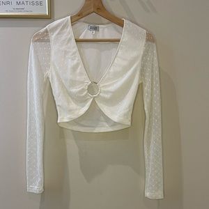 Beginning Boutique White Mesh Long Sleeve Crop Top with Cutout